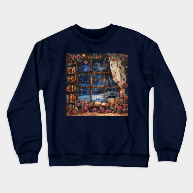 Fantasy winter starry night window Crewneck Sweatshirt by feafox92